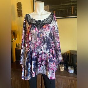 Ladies flowing whimsical butterfly caftan blouse boho festival artistic top